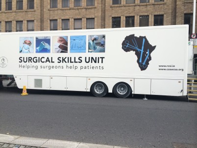 Pictured outside RCSI at 121 St Stephen’s Green is the Mobile Surgical Skills Unit which will set off from Dublin to Arusha, Tanzania, equipped with surgical training technology such as Virtual Reality simulators to train surgical trainees in hospitals across five of the ten COSECSA countries. The unit is on display this morning