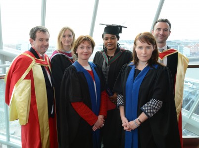 Pictured at the RCSI November conferring ceremony for Master in Pharmacy at the Convention Centre Dublin are: (l-r-Front Row): Dr. Lorraine Horgan, Head of Professional Development and Learning, PSI;  Ms. Marita Kinsella, Registrar and CEO. PSI; (l-r-Back Row): Prof. Paul Gallagher, Progamme Director; Ms. Michelle Flood, Programe Director of Studies; Ms Oluwatoyin Popoola, M. Pharm. graduate 2013 & Dr. James Barlow, Programme Director of Assessment.