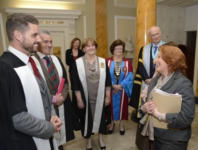 Pictured (l-r) Keith Duffy being greeted at RCSI by Honorary Fellow of RCSI, Mr. Thomas Kearns, Executive Director of the Faculty of Nursing and Midwifery, Professor Marie Carney, Dean of the RCSI Faculty of Nursing and Midwifery; Professor Hannah McGee, Dean of the Faculty of Medicine and Health Sciences RCSI; Prof Cathal Kelly, CEO/Registrar, RCSI and Minister Kathleen Lynch, TD, Minister for Primary Care, Social Care (Disabilities & Older People) and Mental Health. Keith was awarded an Honorary Fellowship from the RCSI Faculty of Nursing and Midwifery, in recognition of his work as a campaigner for children with autism. The honour was conferred at a special event to mark the 40th Anniversary of the RCSI Faculty of Nursing and Midwifery on the 29th October 2014