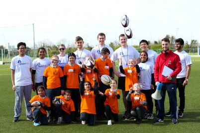 Pictured are members of the RCSI student Rugby team with children from Presentation Primary School, Warrenmount and St Enda’s National School, both schools in the catchment area of the College. The rugby team gave a masterclass to more than 100 children from both schools as part of the REACH RCSI Sports Day on 13th April