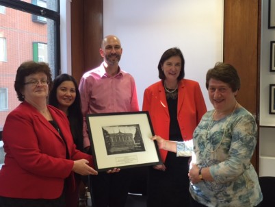 RCSI said goodbye to Dr Marilyn Harris, Lecturer in Ophthalmology, on Friday 16th September 2016 who retires after 22 years’ service to RCSI and Royal Victoria Eye and Ear Hospital. Marilyn will be missed by colleagues in both institutions and is pictured (far right) being presented with a print of the College by Prof Hannah McGee, Dean of the Faculty of Medicine and Health Sciences, RCSI. 