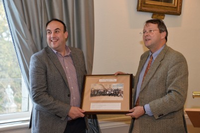 Pictured (l-r) is Dr Garry Duffy being presented with a commemorative print of the College from Prof Clive Lee at a farewell reception  to mark Garry's nine year's service to RCSI. Garry joins NUI Galway as Professor of Anatomy and we wish him and his family the very best in their future