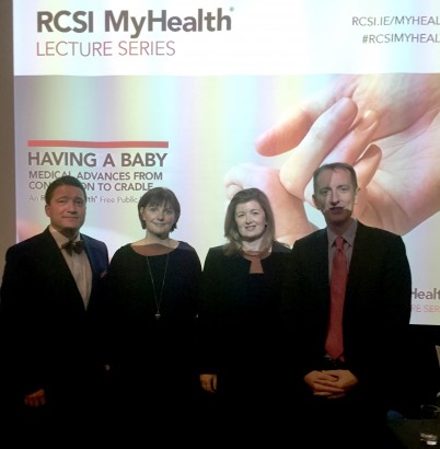 Pictured (l-r) were the speakers at the RCSI MyHealth lecture on "Having a Baby - Medical Advances from Conception to Cradle" on 26th October: Dr Edgar Mocanu (Subspecialist in Reproductive Medicine and Surgery, RCSI and Consultant Obstetrician Gynaecologist, Rotunda Hospital), Dr Karen Flood (Senior Lecturer in Obstetrics and Gynaecology, RCSI and Consultant in Obstetrics and Gynaecology, Rotunda Hospital), Ms Hazel Cazzini (Clinical Midwife Manager, Rotunda Hospital) and Prof Fergal Malone (Professor and Head of RCSI’s Department of Obstetrics and Gynaecology and Master of the Rotunda Hospital). 