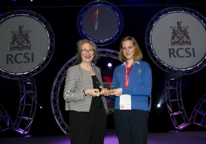 Professor Niamh Moran, Head of School of Postgraduate Studies, RCSI presents the RCSI Award for Best Impact on Human Health Project to Romy Kolich,  Christ King Girls Secondary School, Cork for her project “An investigation on whether cereal is a healthy breakfast option for Children" at the  BT Young Scientist & Technology Exhibition 2017