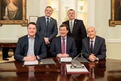 Pictured at the contract signing for the extension of the RCSI Education and Research Centre, Smurfit Building at Beaumont Hospital are (l-r) Paul Stewart, Managing Director, Stewart Group; Ronan Baxter, Senior Project Manager, RCSI Estates; Prof John Hyland, President, RCSI; Kenneth Gormley, Head of Estate & Support Services, RCSI; and Professor Cathal Kelly, CEO/ Registrar, RCSI