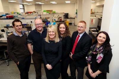 Pictured (l-r) are Dr Graham Cotton, Senior Group Leader, Almac Discovery; Professor Tim Harrison, Vice President Discovery Chemistry, Almac Discovery; Professor Tracy Robson, Head of Molecular & Cellular Therapeutics (MCT), RCSI; Dr Gillian Moore, Postdoctoral Researcher, MCT, RCSI; Dr Seamus Browne, Head of Industry Partnerships, RCSI; and Dr Stephanie Annett, Postdoctoral Researcher, MCT, RCSI