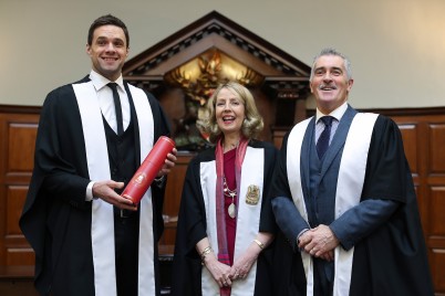 Pictured (l-r) is Niall Breslin, mental health advocate, television presenter and musician, Mary Jacob, Dean of the RCSI Faculty of Nursing & Midwifery and Thomas Kearns, Executive Director of the RCSI Faculty of Nursing & Midwifery. On Wednesday 1st March, Niall Breslin (Bressie) was awarded Honorary Fellowship of RCSI Faculty of Nursing and Midwifery in recognition of his contribution to mental health advocacy. Mr Breslin’s fellowship, the highest honour the Faculty of Nursing and Midwifery can bestow, will open the 36th Annual RCSI International Nursing and Midwifery Research and Education Conference, which will run until 2nd March. More than 250 nurses and midwives will attend this conference to hear speakers from all over Europe, the USA, Australia, the Middle East, Canada and Ireland on the latest developments in nursing and midwifery.