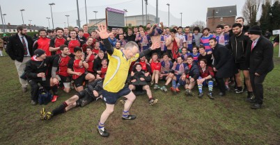 Pictured (with Ollie O'Flanagan) are the two teams, RCSI Rugby and San Antoine (UPMC) who contested the annual challenge rugby match on 25th February in Railway Union sports grounds. RCSI ran out as easy winners, defeating our Gallic friends 36-7. 