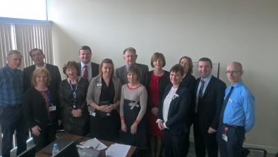 Pictured is (L to R) Mr Brian Waldron Consultant General Surgeon and TQIP Surgical Lead UHK, Mr Ken Mealy Vice-President RCSI and joint National Lead NCPS, Mr Kieran Tangney Executive Director RCSI QPIC, Dr Jeremy Smyth National Lead NCPA, Ms Bridie O’Sullivan Group Director of Nursing South West Hospital Group, Ms Celia Cronin Quality & Patient Safety Manager South West Hospital Group, Mr Charlie Dineen, Senior Process Improvement Advisor RCSI QPIC, Mr Donal O’Callaghan, Deputy CEO UHK. Front Row (L to R) Dr Niamh Feely Consultant Anaesthetist & TQIP Anaesthetic Lead UHK, Ms Mary Fitzgerald  ADON UHK, Ms Maria Godley CEO UHK, Ms Grace Reidy Senior Process Improvement Advisor RCSI QPIC and Ms Catriona Hayes TQIP Project Leader UHK.