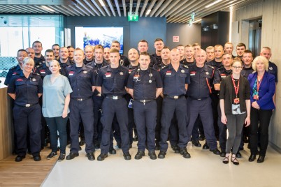 The Dublin Fire Brigade paramedic programme, which is delivered in partnership with RCSI, recently carried out a series of simulation sessions in the new simulation suites in No. 26 York Street. This is the 13th paramedic class since the inception of the partnership in 2002 with more than 400 students successfully completing the programme to date.  Pictured are RCSI staff members Patricia FitzPatrick, Paramedic Programme & Resuscitation Training (far right) Ms. Rebecca Kirrane, HPEC (2nd from right) and Dr. Claire Condron, Senior Lecturer in Simulation (2nd from left) who facilitated the simulation scenarios pictured with the paramedics and their teaching faculty.  