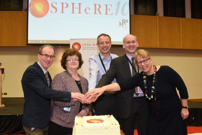 The fourth annual SPHeRE Network Conference which took place in RCSI this month marked the 10 year anniversary of the programme and coincided with confirmation that the HRB will invest €2.5 million to extend the SPHeRE Programme for a further three cohorts of PhD scholars. Pictured (l-r) are Professor Robbie Foy (Keynote Speaker, University of Leeds), Professor Hannah McGee (Dean, Faculty of Medicine and Health Sciences, RCSI), Professor John Browne (SPHeRE Programme Director UCC), Professor Steve Thomas (SPHeRE Programme Co-Director, TCD) and Dr Anne Cody (HRB). 