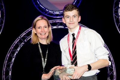 Professor Leonie Young, Associate Professor, Department of Surgery, presents the RCSI Special Award for the ‘Project with the Best Impact on Human Health’  to Tony O'Halloran, Coláiste An Spioraid Naoimh, Cork for his project "Applications of Queuing Theory to the Public Orthodontic Treatment System" at the BT Young Scientist and Technology Exhibition 2018 awards ceremony.