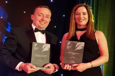 RCSI has won the Best Education Outreach award and the Excellence in the Provision of Professional Services award at The Education Awards 2018. The Education Awards celebrate excellence in the third level education sector on the island of Ireland. Pictured above: Bryan Sheils, Estate & Support Services, and Maria Kelly, REACH RCSI, at the ceremony held at the Ballsbridge Hotel on Thursday, 19 April.