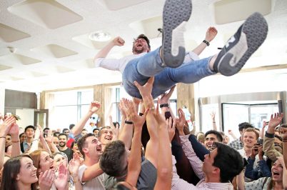 Dr Paul Fox celebrates receiving his results during the Final Medicine Results Day 2018. In a tradition that has been running for more than 60 years, the results were read out to students from the top of the stairs in 123 St Stephen’s Green.