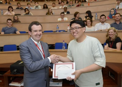 The Research Summer School Wrap-up Symposium took place Friday 24th July in RCSI. 15 randomly selected summer research students gave “Thesis in Three” style oral presentations on their summer research experience. There was also a poster session where the 6 visiting students from Soochow University presented their research projects. In the first photo, winner of the “Funniest Oral Presentation” category Hong Ming Hoe is presented with his award by Prof Paul Gallagher, Head of RCSI School of Pharmacy. 