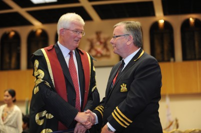 Pictured at Monday's Postgraduate Conferring Ceremony (l-r) is Prof Patrick Broe, RCSI President with RCSI Head Porter Jim Sherlock after Jim’s final graduation ceremony. Jim will retire this week after 30 years’ service to RCSI. 