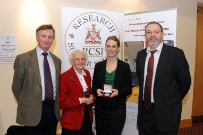 Pictured (l-r) are Mr Matthew Barnes, Mrs Betty Barnes, Dr Kerstin Pohl, winner of the Early Career Investigators Oral Research Prize (The Barnes Medal) and Dr Kevin McGuigan, Research Day Academic Co-ordinator.