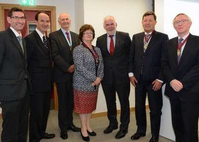 Pictured (l-r) at the 23rd Leonard Abrahamson Memorial Lecture is Professor Peter Gillen, Consultant Surgeon and RCSI Dean of Undergraduate Studies, Our Lady of Lourdes Hospital Drogheda; Professor Arnold Hill, Head of RCSI School of Medicine; Professor Cathal Kelly, CEO / Registrar, RCSI; Professor Hannah McGee, Dean of the Faculty of Medicine and Health Sciences, RCSI; Mr Tom Arnold, Director General of the Institute of International and European Affairs, Professor John Hyland, Vice-President, RCSI; and Mr Declan Magee, President, RCSI. The lecture was held in the Drogheda Clinical Education Centre in Our Lady of Lourdes Hospital.