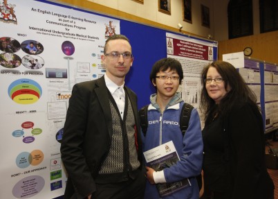 Pictured (l-r) discussing the Digital Language Laboratory learning resource at RCSI Research Day  are John Baird, Language Lab Coordinator; Shu Leed Tan Junior Cycle Medical student and Language programme participant; and Helen Kelly, Lecturer in Communications 