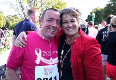 Pictured (l-r) is Bryan Sheils, Deputy Head Porter, RCSI and Councillor Aine Clancy,  Deputy Lord Mayor of Dublin. Over 4,000 turned out in various shades and guises of Pink to Run, Jog and Walk the 10k and 5k distances as part of this years Great Pink Run on Saturday morning in the Phoenix Park. The sun shone on all participants and family supporters as they made their way around the Race Route to the Finishing line. RCSI was very well represented with 40 or so staff members participating