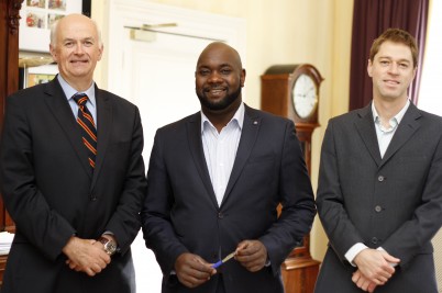 Pictured (l-r) is Prof Cathal Kelly, CEO / Registrar, RCSI; Mr Francis Kaikumba, New CEO of COSECSA; and Eric O'Flynn, COSECSA Programme Manager. Mr Kaikumba was meeting Prof Kelly today for the first time since he was named CEO of COSECSA programme