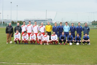 The RCSI soccer club and graduate teams before the game, with Jim Sherlock (far left). The Sherlock Cup is an annual friendly game between the RCSI Soccer Club and RCSI Graduates. The game was played in the sports grounds in Dardistown 