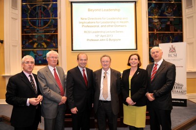 Pictured at the Institute of Leadership lecture entitled, 'New Directions for Leadership and the Implications for Leadership in Health, Professionals and other Domains’, (l-r) are Dermot O'Flynn, RCSI Institute of Leadership; Prof Patrick Broe, RCSI President; Dr. Michael McBride, Chief Medical Officer for the Department of Health, Social Services and Public Safety, Northern Ireland; Professor John Burgoyne, Professor of Management Learning, Lancaster University Management School, UK; Sibéal Carolan, RCSI Institute of Leadership, and Professor Cathal Kelly, CEO, RCSI. The lecture was held at RCSI on 10th April.