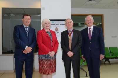 The Western Health and Social Care Trust (Western Trust) recently welcomed Mr Declan J. Magee, President of the Royal College of Surgeons in Ireland (RCSI) to officially unveil a plaque recognising the South West Acute Hospital as an undergraduate teaching centre of excellence. Pictured at the event is (L-R) Prof John Hyland, RCSI Vice President; Elaine Way, Western Trust Chief Executive, CBE; Mr Declan J Magee, RCSI President and Joe Lusby, Western Trust Deputy Chief Executive.