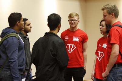 Pictured (red l-r) are RCSI Buddies Oisin Conaty, Aoife Doolin and Charlie Sheil chatting with new students SALMON Jan, Yasser Almaskari and Mohamed El Obeid during orientation. This week 484 students will begin their courses in Medicine, Pharmacy and Physiotherapy and get to know their way around the College, while also being introduced to the academic and administrative staff. Orientation Week 2015, which kicks off today, will last until Friday 11th September and will run in tangent with Fresher's Week.