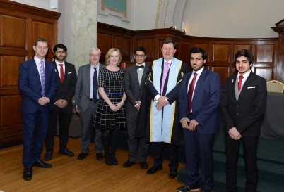 Vice President of RCSI, Prof John Hyland, addressed more than 100 participants on the awarding ceremony of the Biomedical Sciences Diploma to the 2014 IMCP class at a ceremony that took place in the College Hall, RCSI. These students are currently on the Foundation Year of the medical degree programme and on the first year of the pharmacy degree programme in RCSI. Pictured with students are  Philip Curtis, Associate Director, Admissions and Student Services; Dr Joe McGarry, Head of Academic Affairs, Castel International Education; Professor Celine Marmion and Professor John Hyland, President, RCSI.