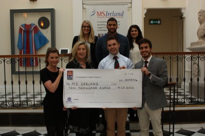 Pictured is the immediate past RCSI Student Union (l-r back row) Ballie Allen, Tariq Elsayegh, and Clara Alighalib; (l-r front row) Moya Culliton, Annette Mc Caul (MS Ireland), Shane Carr (S.U. President 2013.14), and Sami Backley presenting a cheque to MS Ireland on Friday 10th October. The €10,000 cheque was a result of a year of fundraising events including RAG week, the ballad sessions and many other events.