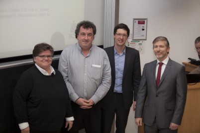 Pictured (l-r) is Jane Burns (HPEC), Eric Clarke (Foundation Year Medicine and Physiotherapy), Dr Gianpiero Cavalleri (MCT) and Richard Arnett (QEO). Jane, Richard and Eric won the Front Cover Illustration Abstract Book Prize at the 20016 Research Day and were presented with their award by Gianpiero. RCSI’s annual Research Day took place on Thursday 24th February at the College on St Stephen’s Green. This in-house event gives RCSI scientists the opportunity to present their most recent research findings and showcase the innovative research being carried out at RCSI.