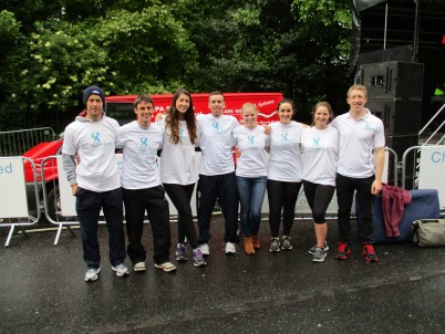 Pictured (l-r) is Daniel Quirke (Class of 2015), Graham Widger (Class of 2015), Niamh Kelly (2nd Physio),  Ryan Fagan (2nd Physio), Ellen Garneys (2nd Physio), Colleen Keogh (2nd Physio), Caroline Kelly (2nd Physio) and Keith Kane (Class of 2015). On 1st June RCSI Physiotherapy students volunteered their time and effort on a wet and windy bank holiday Monday in Dublin to help the 40,000 participants cool down on the day.  The students volunteered to man the Irish Society of Chartered Physiotherapist's tent at the finish line, partnering with experienced chartered physiotherapists to triage running-related injuries and run the active recovery sessions.   