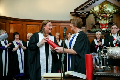 Photo shows Norah Casey as she received her Honorary Fellowship from Professor Marie Carney, Dean of the RCSI Faculty of Nursing and Midwifery .  Norah Casey who was made an Honorary Fellow of the RCSI Faculty of Nursing and Midwifery in recognition of her contribution to nursing, business and society internationally. The Fellowship is the highest honour the Faculty can bestow and was awarded at the 35th Annual International Nursing and Midwifery Research and Education Conference, which takes place today at RCSI. A former nurse, Norah Casey is now an eminent television and radio presenter, author, journalist, entrepreneur and owner and Chairwoman of Harmonia, Ireland’s largest magazine publishing company