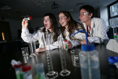 Pictured (l-r) is Abbie Fitzgerald (St Joseph's College,  Lucan) and Abbie Fitzpatrick (Mount Sackville, Dublin) with Dr Helena Kelly (Lecturer in the School of Pharmacy) conducting an experiment in the Pharmacy workshop  at the  RCSI Open Day on 5th January. More than 350 students from second-level schools throughout Ireland got a taste for life as a medical, pharmacy and physiotherapy student at the RCSI (Royal College of Surgeons in Ireland) Open Day. At this annual event, Leaving Certificate students also got to experience what it is like to work as a healthcare professional in each of these fields by witnessing a live operation and a real-life pregnancy scan, among many more activities.