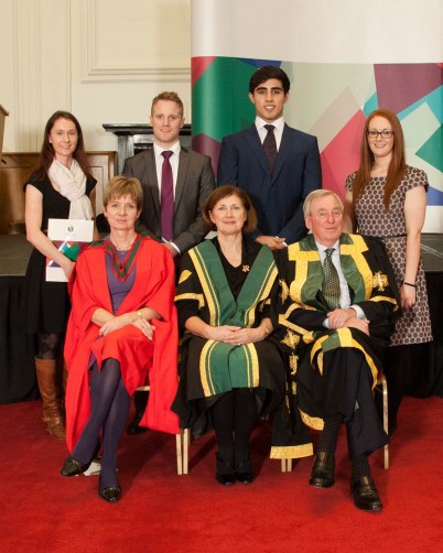 Pictured at the NUI Awards ceremony on the 12th November are (front row L-R) Professor Marie Guidon Head of the School of Physiotherapy in RCSI, Dr Attracta Halpin, Registrar of the NUI and Dr Maurice Manning, Chancellor of the NUI. (Back row), Ms Evelyn Downes, NUI Dr H H Stewart Scholarship in Physiotherapy, Dr Brendan Crosbie, Dr H H Stewart Scholarship in Clinical Radiology, Danyal Khan, 2nd Prize in the NUI Dr H H Stewart Scholarship in Biochemistry and Ms Sarah-Jane O’Connor, Dr H H Stewart Scholarship in Pharmacy. 