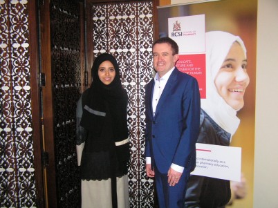 Pictured at the RCSI Pharmacy Seminar in the Abu Dhabi National Convention Centre on the 11th of February (l-r) is Ms. Rand Hamid Alhashmi (Clinical Pharmacist in Abu Dhabi Police GHQ) and Prof. Paul Gallagher, Head of the RCSI School of Pharmacy. The RCSI Pharmacy Seminar series continues this week across the Gulf Co-operation Council Countries and tonight is in Dubai (UAE), in Kuwait City (Kuwait) on the 14th and in Doha (Qatar) on the 15th of February