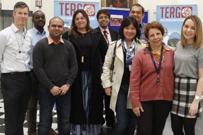 Pictured (l-r) with the visiting delegation from Brazil are Dr Darren Griffith, RCSI Department of Pharmaceutical and Medicinal Chemistry; Dr Amos Matsiko, RCSI Department of Anatomy and TERG; Dr Jay Chandanshive, RCSI Department of Molecular and Cellular Therapeutics; and (far right) Aoife McKeon,  RCSI Department of Pharmaceutical and Medicinal Chemistry. 