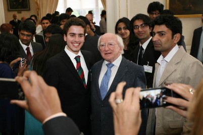 On Friday 19 April, Student Ambassadors from the Royal College of Surgeons in Ireland (RCSI) were acknowledged for their work on the International Student Ambassador Programme by Minister for Education and Skills, Ruairí Quinn T.D., before attending a reception at Áras an Úachtaráin hosted by President Michael D. Higgins. Pictured is RCSI Student, Sami Backley with President Michael D Higgins.