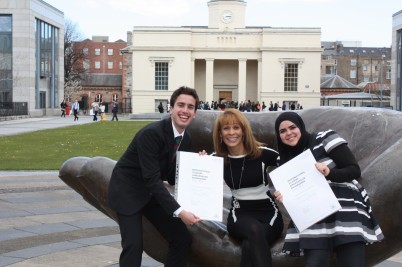 On Friday 19 April, Student Ambassadors from the Royal College of Surgeons in Ireland (RCSI) were acknowledged for their work on the International Student Ambassador Programme by Minister for Education and Skills, Ruairí Quinn T.D., before attending a reception at Áras an Úachtaráin hosted by President Michael D. Higgins. Pictured (l-r) are Sami Backley, Corriena Brien, Student Services Manager, RCSI; and Hadeel Al Jazzaf at the Department of Education & Skills.