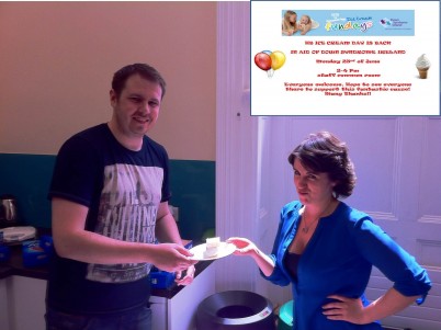 Pictured (l-r) is Graeme Kelly (Pharmaceutical and Medicinal Chemistry and organiser of the HB Ice Cream fundraiser) and Sonja Lee (Conference and Events) at the ice cream party in the Staff Common Room. This is all in aid of Down Syndrome Ireland (DSI) so get down and get some ice cream all for a great cause