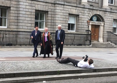 Ray Lohan, Media Services takes an action shot of the new President of RCSI, Mr Declan Magee (centre) with new Vice President Professor John Hyland (left) and Professor Patrick Broe (right) immediate Past-President. following today's Council Elections