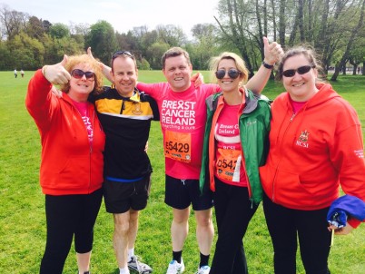 Pictured (l-r) is the School of Nursing team of Prof Zena Moore, Dr Tom O’Connor, Dr Declan Patton, Rosemarie Derwin and Chanel Watson after completing the Belfast Marathon as part of a relay race. The team raised money for Breast Cancer Ireland by running various stages of the marathon. Well done to the team