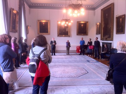 Bryan Shiels, Deputy Head Porter, RCSI speaks to the the first Open House tour in the Board Room on Sunday 6th October. Bryan and Frank Donegan, Head Porter, along with Tom Moore, architecture student, led tours of RCSI as part of the Open House annual architectural festival