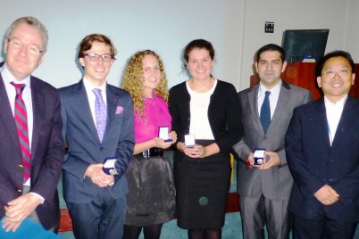 Pictured (l-r) are the winners of the Jack Flanagan Medal Professor David Williams, Geriatric and Stroke Medicine, RCSI & Beaumont Hospital; Medical Students: Eoin Kelleher, Elizabeth Ahern-Flynn, Harriet Ryan, Ali Jafar; Dr. Stuart Lee (team tutor), Clinical Lecturer in Geriatric Medicine, RCSI & Beaumont Hospital. The Jack Flanagan Medal  in Gerontology competition pays tribute to Ireland's eminent geriatrician, Dr. Jack Flanagan, who was one of the first doctors in Ireland to specialise in contemporary geriatric medicine. Tonight (19th Sept 2013), before an audience of geriatric consultants, geriatricians, peers, and members of Dr. Flanagan's family, the RCSI team was delcared winner of the prestigious medals and bursary.  The team faced strong competition from Trinity College, University College Dublin, University of Limerick, National University of Ireland Galway and University College Cork. 